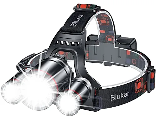 Blukar Linterna Frontal Led Recargable, 8000L Superbrillante Impermeable Linterna Cabeza con Roja y 5 Modos de Luz, IPX6 Resistente al Agua, 90° Ajustable para camping, reparaciones, emergencias etc