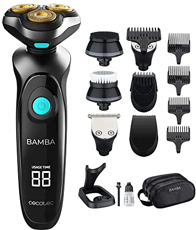 Cecotec Afeitadora Multigrooming Bamba PrecisionCare TwistGroom 10in1, Base de carga, Batería de Litio, Cuchillas de Acero Inox con Recubrimiento de Titanio, Pantalla Digital y Waterproof, Color Gris