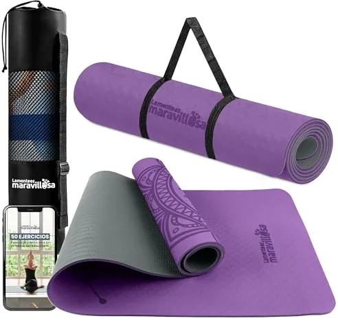 LA MENTE ES MARAVILLOSA - Esterilla de Yoga, Pilates y Fitness【E-Book, Bolsa y Correa de Hombro】Colchoneta Antideslizante TPE para Deportes, Gimnasio en Casa | 183x61 cm (Mandala, Morado/Negro)