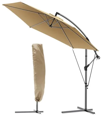 VOUNOT® 300 cm Parasol Excentrico, Sombrilla de Jardín con Manivela, Funda Protectora y Correa de Fijación, Protección UV, Caqui