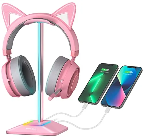 New Bee Soporte Auriculares, Soporte Cascos Gaming RGB para Juegos con Cargador USB Tipo C y Transferencia de Datos, Universal, para Todos los Auriculares de Escritorio(Rosa)
