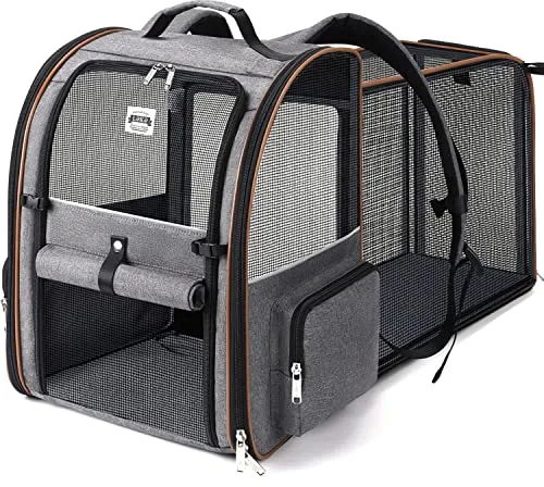 Lekespring Transportin Gato Extensible con 4 Entradas | Mochila Transpirable - Transportin Perro Pequeño con Arnés Interno - Carga Máxima 8kg - Impermeable - Gris