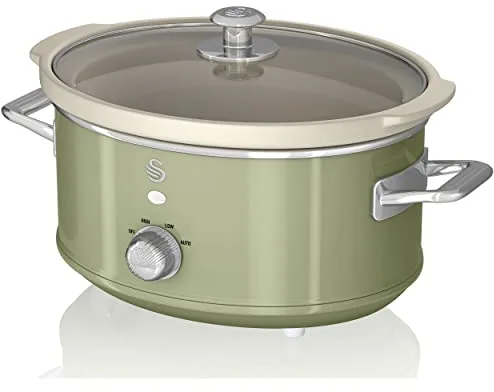 Swan Retro SF17021GNEU Olla Cocción Lenta 3,5L Recipiente Extraíble, Antiadherente Cerámica libre PFOA y PTFE, 3 Niveles Temperatura, Tapa Vidrio, Slow Cooker, Diseño Vintage, Verde, 200W