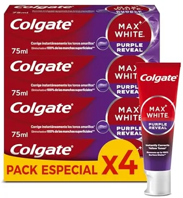Colgate Max White Purple Reveal Pasta de Dientes Blanqueadora, 4 Uds x 75ml, Dentífrico Blanqueador de Dientes con Tecnología de Corrección Óptica del Color, Corrige al instante* los Tonos Amarillos