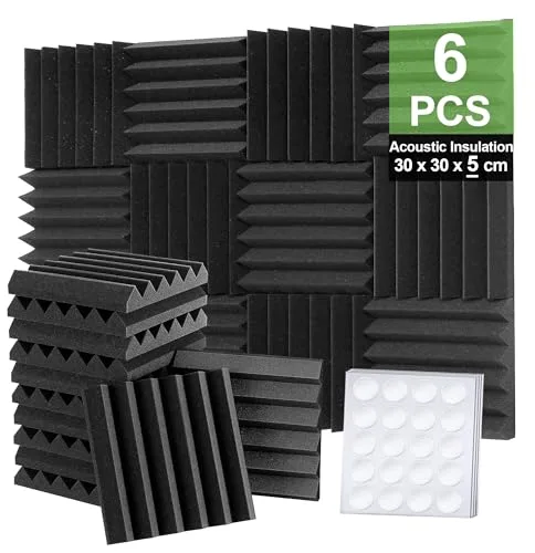 Foneso Espuma Acústica, 30x30x5 cm (Densidad: 25 kg/m³) pared Absorbente de Sonido de alta Densidad 3D, Materiales de Aislamiento Acústico para Salas de Grabación y Oficinas (6 Piezas, Negro)