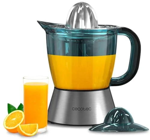 Cecotec Exprimidor Zitra Full Steel, 60W de Potencia, Filtro Acero Inoxidable, 2 Conos desmontables, Doble Sentido de Giro, Apto Lavavajillas, Tambor Calibrado en ml, 1 L