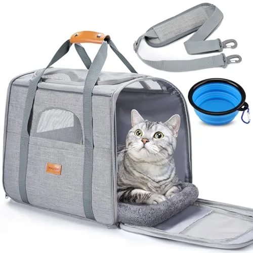 morpilot Transportín Perro Gato, Bolsa Transporte Transpirable para Mascotas, Portador de Viaje con Correa de Hombro Ajustable, Transporte de Gato con Colchón Suave+Tazón (17.3 * 12.2 * 13.4 Inch)