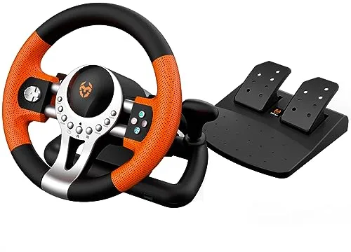 KROM K-DRIVER – Volante Gaming con Pedales y Vibración, Rotación de 180°, Palanca de Cambios y Levas, 12 Botones, Conexión USB, compatible con PC, PS3, PS4 y Xbox One – Negro