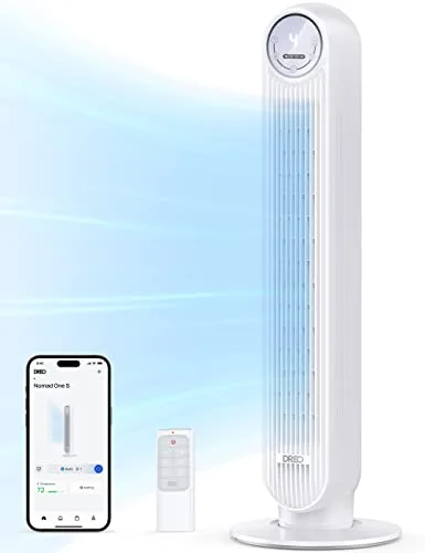 Dreo ventilador de pie silencioso, ventilador de torre con velocidad de 7,6 m/s, 4 velocidades, rotación de 90°, temporizador de 8 horas, pantalla LED y mando a distancia incluido. blanco. Alexa
