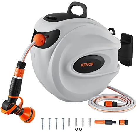 VEVOR Carrete de Manguera Retráctil Giratorio de 180° Automático, Montado en Pared Manguera Enrollable Automática 20m x 12mm para Regar Césped Jardín,Lavar Auto,Bañar Mascota,Gris Y Naranja.