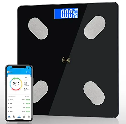 Diboniur Bascula de Baño Digital Precision Inteligente, Balanza Peso Corporal para IOS y Android, Bascula con 12 Indicadores - Peso, Grasa Corporal, Muscular (Negro)