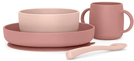 Suavinex, Vajilla para Bebé de Silicona, con Ventosa Resistente. Incluye: Bol de 350 ml + Plato de 400 ml + Taza 240 ml + Cuchara, +4 Meses. Colour Essence, Rosa