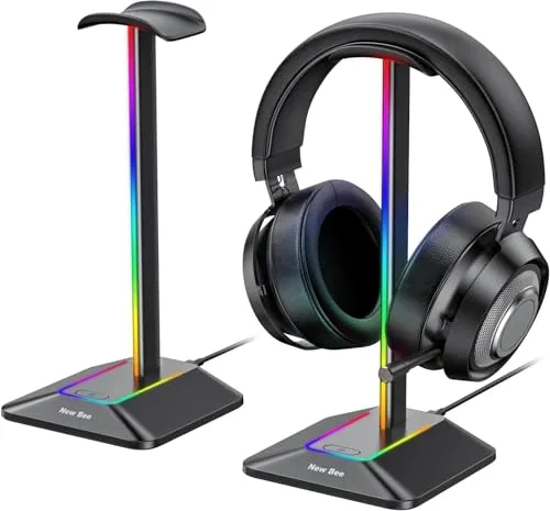 New Bee Soporte Auriculares RGB, Soporte Cascos Gaming para Videojuegos, Accesorio LED con 7 Modos de iluminación, Base de Goma Antideslizante, para PC Gamer, Auriculares Gaming, Negro