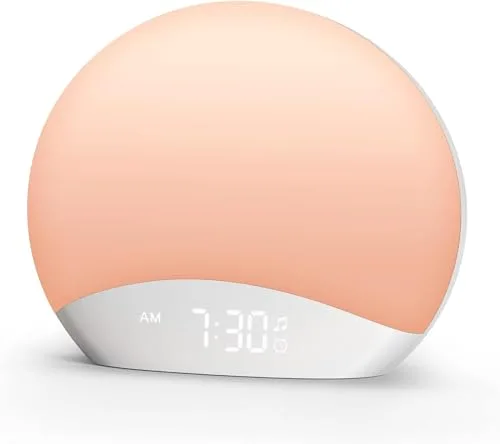 REACHER Despertador con Sonido de Amanecer y Máquina de Sonido – 26 Sonidos Relajantes, Ruido Blanco para Dormir, Luz Nocturna de 8 Colores, Temporizador y Reloj Regulable para Niños, Bebés y Adultos