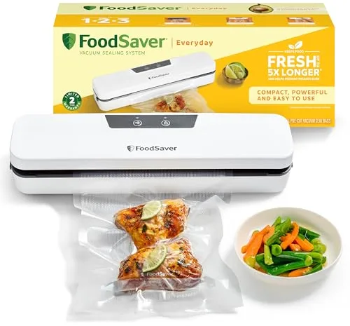 FoodSaver Everyday envasadora al vacío | Mantiene los alimentos frescos hasta 5X más tiempo | Maquina de envasar al vacio con diseño compacto | Con 5 bolsas para envasar al vacío (0,94 l y 3,78 l)