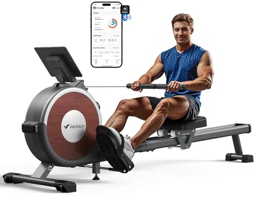 MERACH Máquina de Remo para Casa, 16 Niveles de Resistencia, Remo Magnético Silencioso con App Exclusiva, Rieles Dobles Mejorados para Mayor Estabilidad(Gris)