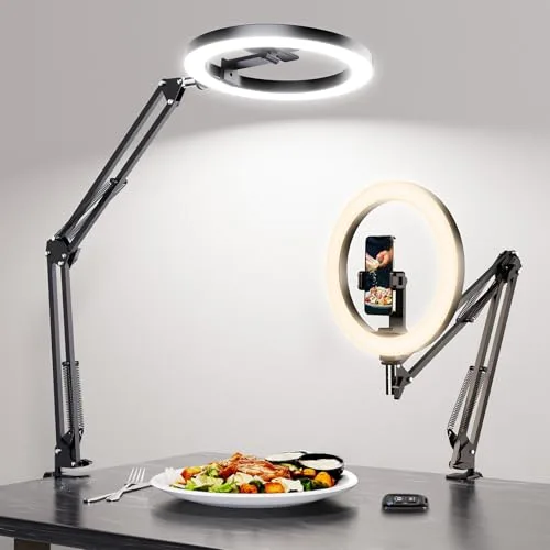 LUXSURE Aro de Luz con Tripode, Ring Light con Función Bluetooth, 10'' Anillo de Luz Aro de Luz con Brazo de Soporte Resistente y Soporte para Teléfono para Grabar Videos, Cocina, Transmisión en Vivo