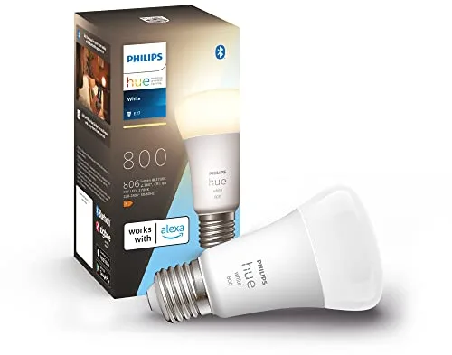 Philips Hue - Bombilla led inteligente, casquillo E27, Luz cálida regulable, 9W - 800 lumens, Bluetooth, Compatible con Zigbee y Alexa