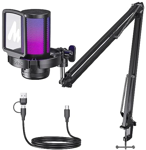 MAONO Microfono Gaming, USB Micrófono Condensador con Cancelación de Ruido para Streaming Podcast Studio, Compatible con PS5/PS4/Mac con Luces RGB Controlables, Botón de Silencio, Control de Ganancia