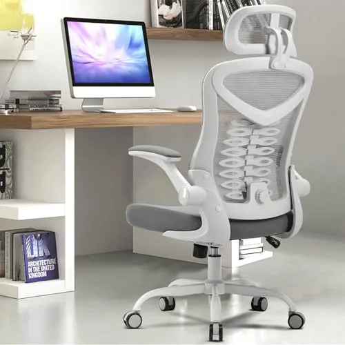 Magic Life Silla de Escritorio Sillas de Oficina Reposabrazos abatible de 90 ° Silla ergonómica para computadora Soporte Lumbar Altura Ajustable Giratoria de 360 ° Mecedora (Blanco)