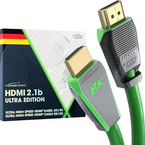 KabelDirekt – Cable HDMI 2.1 8K, edición Gamer certificada – 1m (8K@60Hz, Ultra High Speed/48G para 10K, 8K o ultra rápido 144Hz a 4K, óptimo para PS5/XBO y PC Gaming, Monitor/TV, verde)