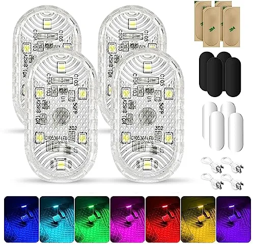 4 PCS Luces LED Táctil para Coche,Luz Interior del Coche USB Móvil Recargable RGB Ajustable de 7 Colores Luces Coche Led Inalambrico para Lluminación de Coche Multiusos