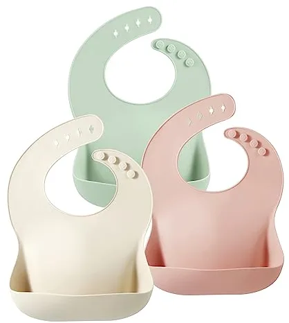 PandaEar Conjunto de 3 Baberos de Silicona para Bebés y Niños Pequeños, Sin BPA, Impermeables y Ajustables con Bolsillo Grande para Atrapar Comida (Menta Rosa Durazno)