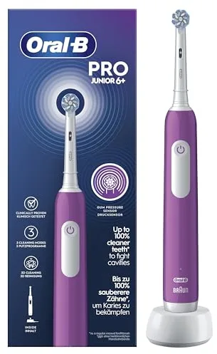 Oral-B Pro Junior Cepillo De Dientes Eléctrico, 1 Mango Morado, 1 Cabezal, Diseñado Por Braun, Apto Para Niños Mayores De 6 Años