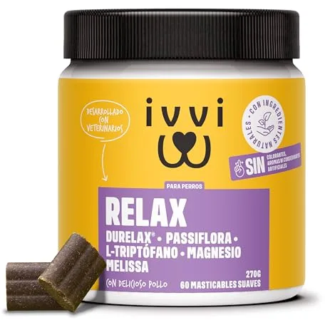 ivvi Relax - Calmante para Perros con L-triptófano para la ansiedad, el estrés y para calmar - 60 sabrosos Snacks con Pollo