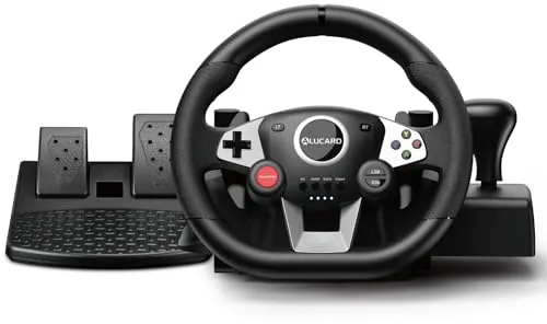 VooFun Volante PC y Pedales, Volante Gaming de 270° Compatible con PC/ PS4/ Switch/ PS3/ Xbox One/Xbox 360, Volantes Con Botones Programables, Vibración Feedback, Negro