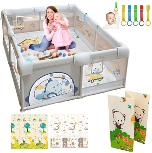 PARVULI Parque Infantil Bebe 120x120cm - Corralito Bebe con 6 agarraderas y Alfombra de Juegos Acolchada - Parque Bebes para Casa Plegable con Malla Transpirable y Vayas con Protecciones