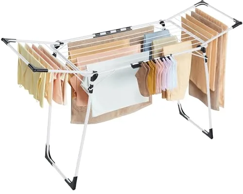 SONGMICS Tendedero de pie, 56,5 x 173 x 96,5 cm, tendedero de alas para Ahorrar Espacio, con Soporte para Calcetines, Metal, para Ropa, Toallas, lavandería, Blanco LLR518W01