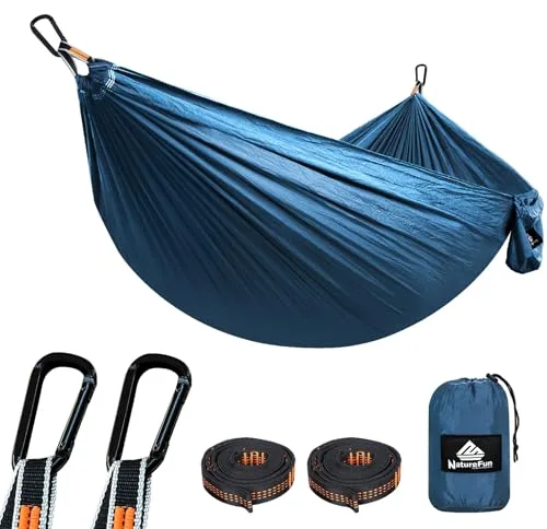 NATUREFUN Hamaca Ultraligera para Viaje y Camping (275x140 cm) | 300kg de Capacidad de Carga,Transpirable, Nylon de Paracaídas de Secado Rápido | 2X Mosquetones Premium, 2X Correas de Nylon Incluidas