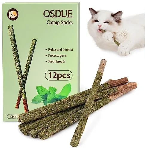 OSDUE Palitos De Hierba Gatera, 12 Masticar Palos para Gatos, 100% Orgánico Natural, para Aliviar el Aburrimiento y Limpiar los Dientes