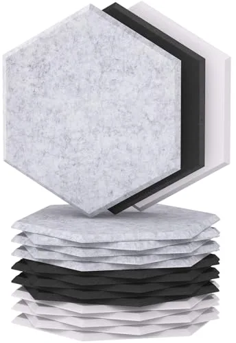TONOR Lote de 18 Paneles Acústicos Murales Autoadhesivos, 30 x 26 x 1 cm Panel acústico de Alta Densidad, Espuma Acústica Hexagonal Aislante para Estudios, 6 Pack Negro & 6 Pack Blanco & 6 Pack Gris