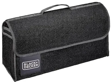 Black+Decker Organizador Maletero Coche - Organizador Coche 55 x 15 x 23 CM - Caja Plegable con 1 Compartimento Grande y 2 Bolsillos Deslizantes - Accesorios Coche y Compras - Con Velcro - Negro