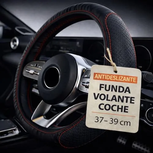 CAELLUMA Funda Volante Coche Universal 37-39 Centímetros de Cuero Sintético Antideslizante · Fácil de Instalar · Compatible con Airbag · Resistente al Sol y al Uso Diario (Costura Roja)