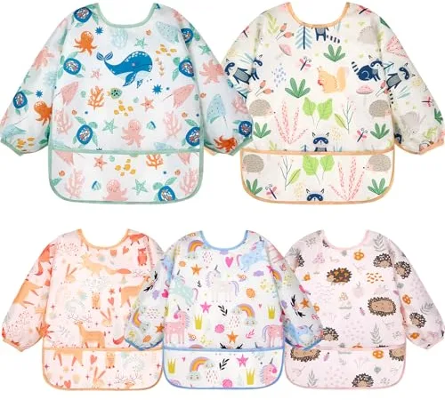 Lictin 5 Pcs Babero con Mangas Impermeable- Babero de Manga Larga con Escote Ajustable para Niños Bebé(6-24 meses)