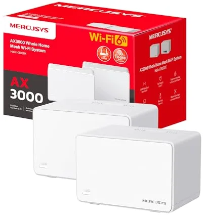 Mercusys Halo H3000X(2-Pack) - Router Sistema WiFi 6 Mesh, AX3000, Doble Banda, Cobertura hasta 420 m², 3X Puerto Gigabit por Unidad, Administración de la Red, Fácil Configuración con App, WPA3