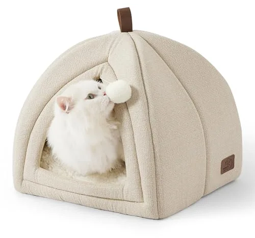 Bedsure Cama para Gatos Grande - Cueva para Gatos 40 x 40 x 40 cm, Casa para Gatos de Interior con Cojín Sherpa Extraíble y Juguete Colgante, Cama Lavable, Blanco Roto