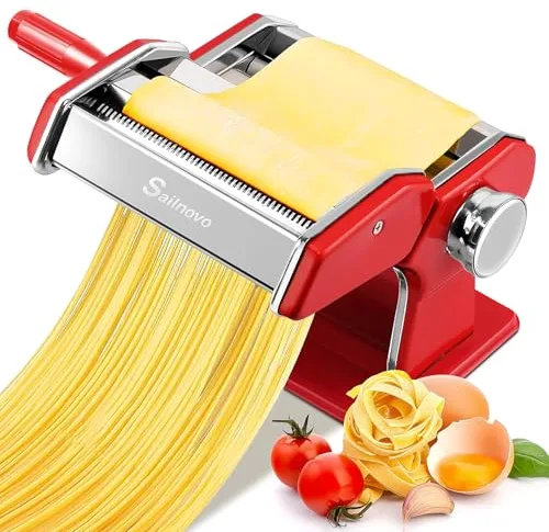 Sailnovo Maquina Para Hacer Pasta, 180 aleación de aluminio Maquina Pasta Fresca, con 9 Ajustes de espesor ajustables y 2 máquinas de corte, Maquina Pasta es muy adecuado para pasta(Rojo)