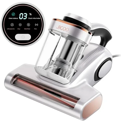 JIGOO J300 Aspirador de Ácaros con Sensor y Pantalla Digital, 500W, Doble Taza, Luz UV, para Alergias, Elimina 99.9% de Alérgenos en Colchones, Camas y Sofás
