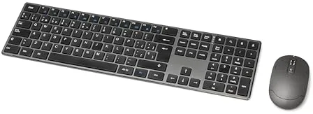 Amazon Basics Teclado ultrafino de tamaño completo y ratón inalámbrico, silencioso y recargable con teclado numérico, ES/MX Layout Gray, color negro