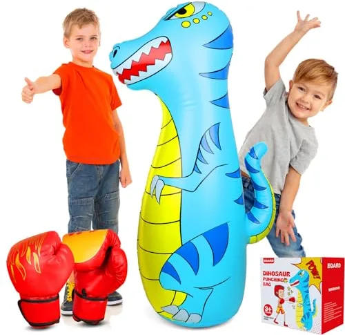 EQARD Saco de Boxeo Niños 120cm Hinchable Dinosaurio Bolsa Boxeo con Material Más Grueso Seguro Rebote Instantáneo con Guantes de Boxeo Karate Kickboxing Taekwondo Regalo para Niños 3-9 Años (Azul)