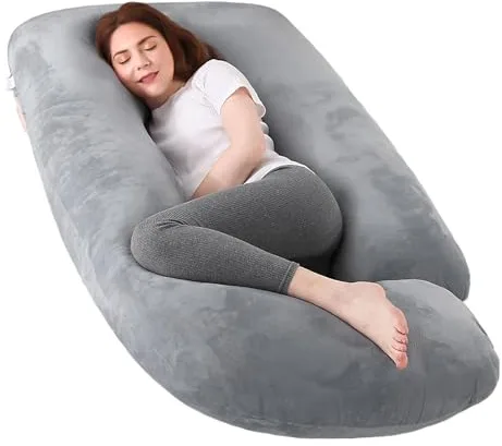 Otauoaea Almohada para Embarazadas, Almohada de Embarazo, Almohada de Cuerpo Completo en Forma de J, Almohada de Lactancia con Funda de Terciopelo Extraíble y Lavable,145x70 cm(Gris Claro)