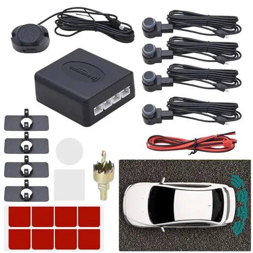 KAOLALI Sensor Coche Aparcamiento Universal 4 Sensores Kit sensores Aparcamiento Coche Sistema de Sensor de Estacionamiento, Kit de Alarma de Audio de Marcha Atrás (Negro)