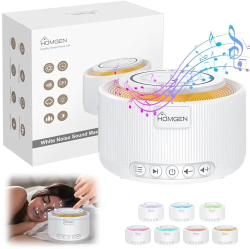 HOMGEN Máquina de Ruido Blanco para Adultos y Bebés Máquina de Sonido con Luz Nocturna y 30 Sonidos Relajantes White Noise Machine Baby Portátil con Función de Memoria y Recargable por USB (Blanco)