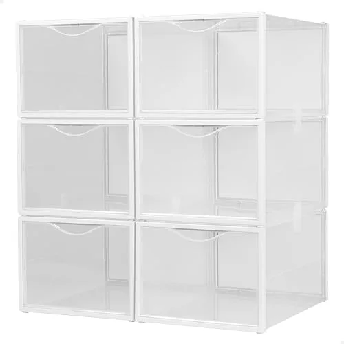AKTIVE Max Home Cajas de zapatos plástico, Juego de 6 organizadores de almacenamiento, 25x35x18,5 cm, Apilable, Antivuelco, Hasta T.46, Transparente, Caja zapatero plástico, (16551)
