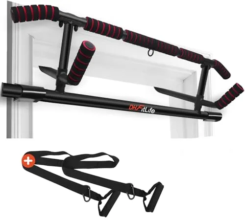 DH FitLife Barra de Dominadas para Marco de Puerta sin Tornillos | Pull up bar Doorway | Barra de Tracción Multifuncional para Colgar | incl. Entrenador de Suspensión | para Puerta de 70 – 92 cm