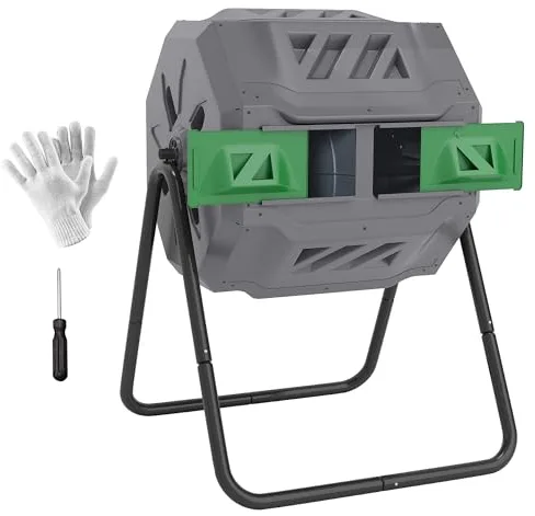 Outsunny Compostador de Tambor Giratorio Contenedor de Compostaje de Doble Cámara con Capacidad 160 litros y Ventilación Marco de Acero para Residuos Orgánicos de Jardín 71x64x96cm Gris